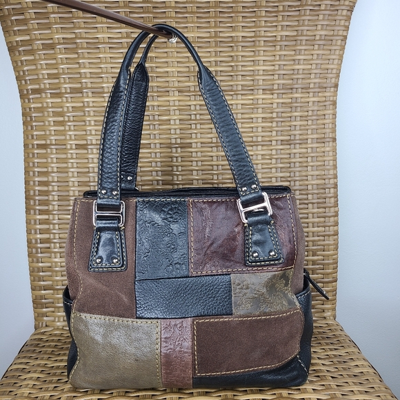 Fossil Shoulder Bag Handbag Purse Patchwork Leather Suede Black Brown Burgundy - Picture 4 of 16